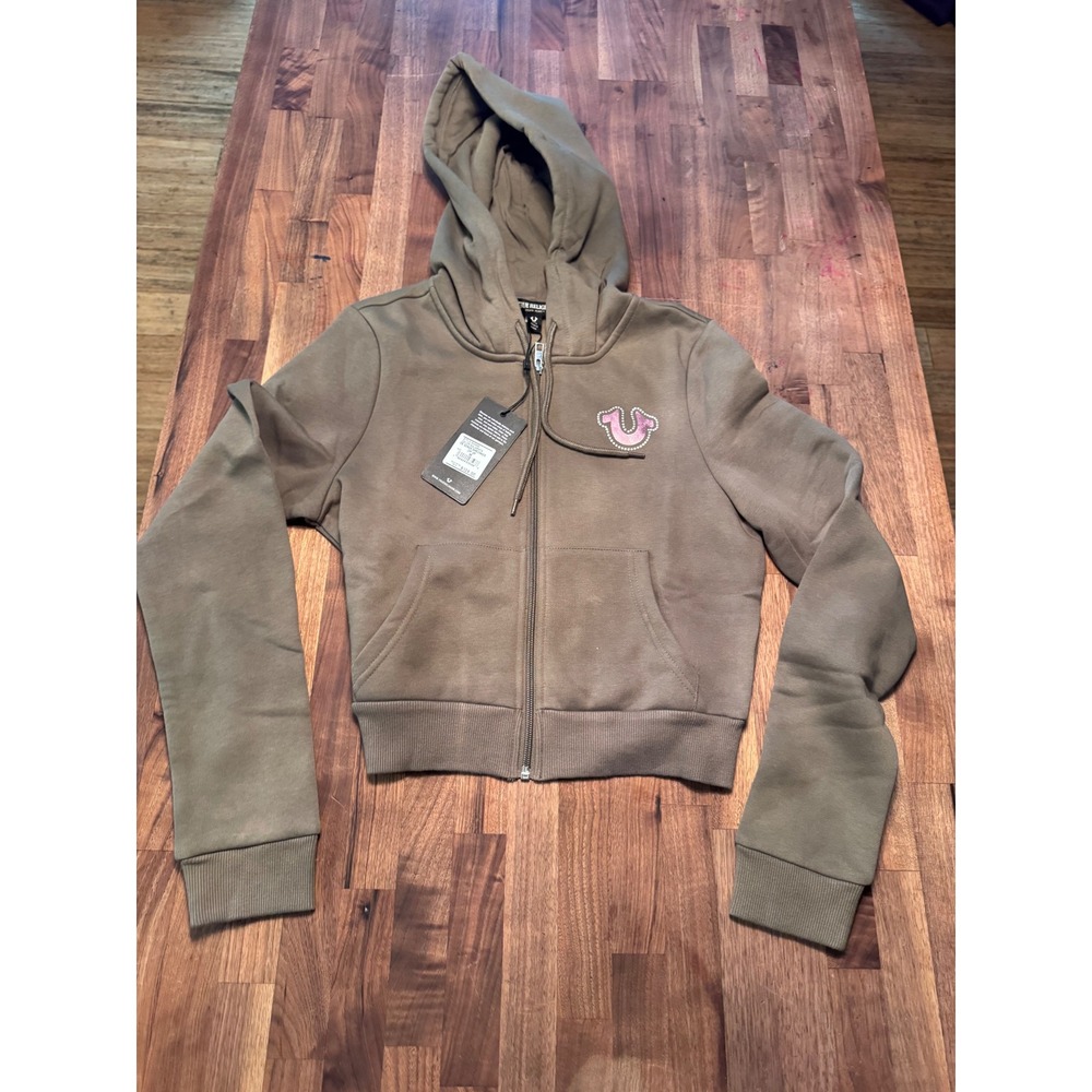 True Religion TR Wings Shrunken Zip Up Hoodie Kalamata Green Rhinestone Medium